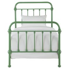 a green metal bed with white sheets and pillows