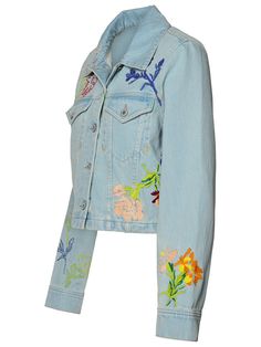 100% Cotton Japanese Denim Jacket, Drawn Flowers, Embroidered Denim Jacket, Flowers Embroidery, Floral Logo, Japanese Denim, Embroidered Denim, Denim Jacket Women, Cotton Jacket