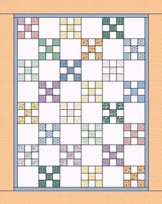 a cross stitch quilt pattern with squares on the front and side, in different colors