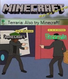 two men in black suits and green hats are standing near a truck with the words terrana also try minecraft