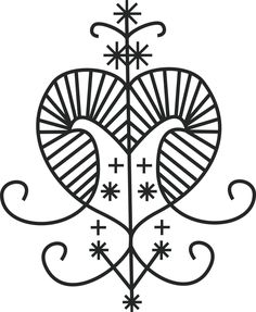 an ornamental design with two hearts and crosses on it, in black and white ink