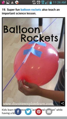 a person holding a red balloon with blue tape on it and the words balloon rockets above it