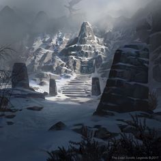 a snowy mountain landscape with steps leading up to the top