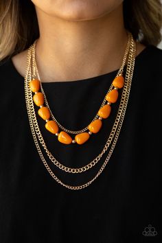 Infused with layers of mismatched gold chains, a collection of dainty gold beads and Orange Tiger faux rock beads are threaded along an invisible wire below the collar for a whimsical vibe. Features an adjustable clasp closure. Featured inside The Preview at ONE Life! Sold as one individual necklace. Includes one pair of matching earrings. P2WH-OGXX-230XX Faux Rock, Orange Tiger, Orange Necklace, Trending Necklaces, Wrist Wear, Gold Bead Necklace, Paparazzi Accessories, Gold Necklace Layered, Cool Necklaces