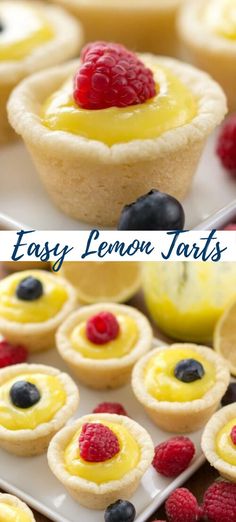 easy lemon tarts with raspberries and blueberries in the middle on a white plate