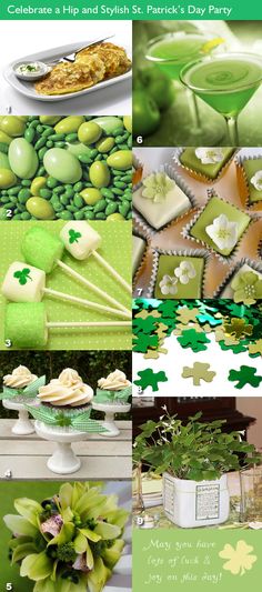 st patrick's day party collage with green and white food, cupcakes