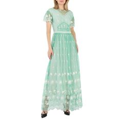 Burberry Ladies Dresses. Fashion category: Casual Dresses. SKU: 4546879. Color: Aqua Green_ White. Burberry Ladies Round-neck Embroidered-tulle Dress. This dress features an interior lining, detailed stitchings, a zipped back and hook fastening. Size: 2.  Color: Multicolor.  Gender: female.  Age Group: adult. Spring Short Sleeve Lace Embroidered Dress, Spring Embroidered Short Sleeve Lace Dress, Embellished Green Maxi Dress For Summer, Green Sheer Maxi Length Dress, Green Sheer Maxi Dress, Green Maxi Dress With Lace Trim For Spring, Spring Embellished Embroidered Dress With Short Sleeves, Green Embroidered Summer Wedding Dress, Spring Green Embroidered Maxi Dress