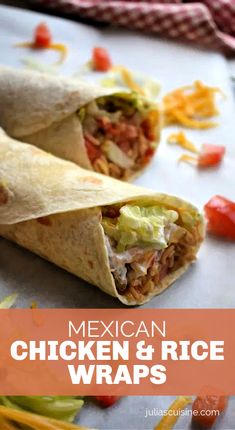 mexican chicken and rice wraps with text overlay