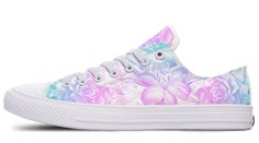 Pink Floral Print Sneakers For Summer, Trendy White Sneakers With Floral Print, Trendy White Floral Print Sneakers, Floral Print Low-top Sneakers For Streetwear, Pink Canvas Shoes For Summer Streetwear, White Floral Print Canvas Shoes For Summer, Low Top Vans, Timeless Classic Style, Rose Art