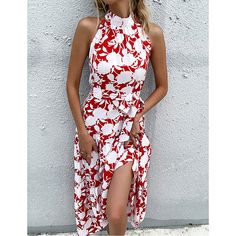 Red Floral Print Halter Maxi Dress Elegant Red Printed Midi Dress, Summer Red Printed Midi Dress, Spring Red Midi Beach Dress, Spring Red Midi Dress For Beach, Red Printed Summer Dress, Red Midi Dress For Spring Beach, Red Midi Dress For Spring Beach Outings, Red Printed Midi Dress For Party, Red Midi Dress For Summer Day Out