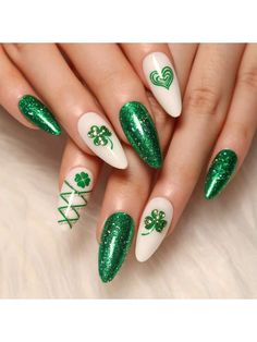 Green  Collar  ABS   Embellished   Nail,Hand & Foot Care St Patricks Nail Designs, Saint Patrick Nail, Fake Nails White, St Patricks Day Nails, Fake Nails Designs, Press On Nails Medium, Manicure Diy, Nails Medium