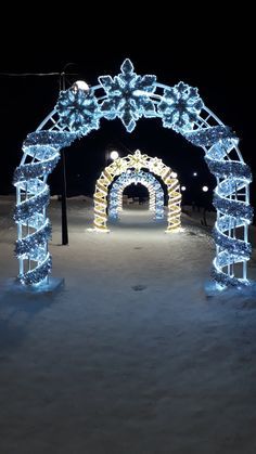 an archway decorated with lights in the snow