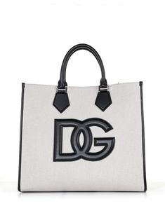 40% Cotton 35% Lino 05% Viscose 20% Calf | Dolce & Gabbana Men's Canvas Shopping Bag in Ivory/Black | SS23 Designer Canvas Bag With Large Capacity For Shopping, Designer Bags With Logo For Daily Use, Designer Canvas Shoulder Bag For Shopping, Designer Canvas Shopping Bag With Handles, Designer Everyday Bags With Logo, Designer Canvas Tote Bag For Shopping, Designer Satchel With Logo For Daily Use, Designer Satchel For Daily Use With Logo, Designer Shopping Bags With Logo