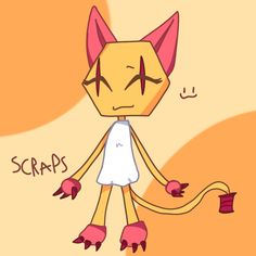 a drawing of a cat that is wearing pink gloves and holding a cup with the word scraps written on it