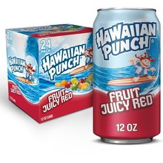 a can of hawaiian punch is next to a box of fruity red juice on a white background