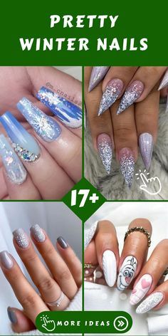 Winter 2024 Nail Ideas, Winter Nails With Gems, Glitter Winter Nails, Winter Sparkle Nails, Pretty Winter Nails, Elegant Winter Nails, Sparkly Nail Art, Winter Nails Gel, Winter Manicure