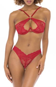 Red-Lace Action: Oh La La Cheri Bella Lace Underwire Bra & Open Back Thong Set Lace Underwire, Red Lingerie, Red Lace, Bra Set, Underwire Bra, Bra Women, Bra Lingerie, High Neckline