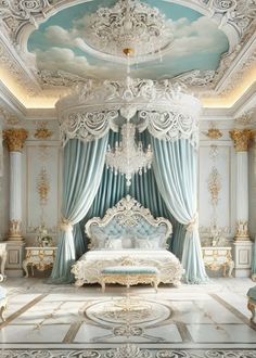 an elegant bedroom with blue and white decor