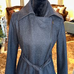 Nwot Gorgeous Dark Charcoal Gray / Heathered Black Coat With Asymmetrical Zip, Waist Tie, Oversized Collar And Double Hem. The Silhouette Is Absolutely Stunning. Figure Flattering. Modern, Contemporary Aesthetic. Size S Oversized Collar, Wool Blend Coat, Contemporary Aesthetic, Charcoal Gray, Black Coat, Waist Tie, Charcoal Grey, Modern Contemporary, Wool Blend