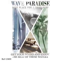 an advertisement for wave paradise featuring surfboards and palm trees, with the caption get your board and enjoy the best of these waters