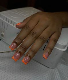 cute orange french tip nail set , they are very pretty for the summer ! Orange French Tip, Beginner Nail Designs, French Tip Gel Nails, Orange Acrylic Nails, Elegant Touch Nails, Gel Nails French, Orange Nail Designs, Gel Toe Nails