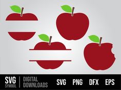 three red apples with green leaves sitting on top of each other, and the words svg digital svg png dx eps