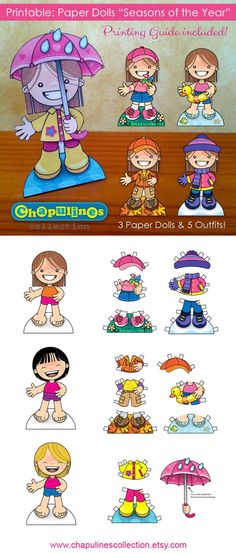 an image of children's paper dolls with different designs and colors, including umbrellas