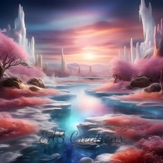 an artistic painting of a river surrounded by ice and snow covered trees in the background