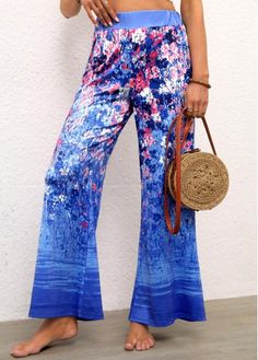 Color:Blue;Size:M;Size:L;Size:XL;Size:2XL;Size:3XL;Package Contents:1 X Pants; Fashion Bottoms, Ditsy Floral Print, Casual Outerwear, Lovely Tops, Flare Leg Pants, Elastic Waist Pants, Floral Pants, Type Of Pants, Blue Pants