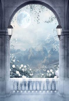 Katebackdrop£ºKate Winter Mountain And Moon Arched Door with Snow Backdrop Designed by JFCC Mountain And Moon, Dr Mundo, Fantasy Angel, Winter Backdrops, Seamless Backdrop, Winter Mountain, Arched Doors, Crochet Work, Fantasy Places