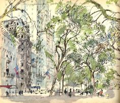 an old book with watercolor and ink drawings of people walking down the street in new york city