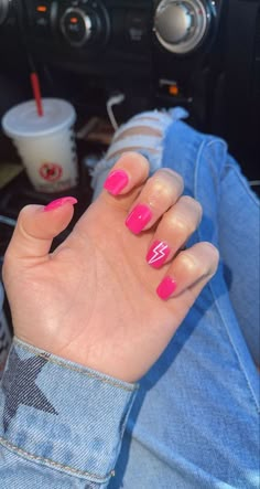 How To Do A Lightning Bolt On Nails, Pink Lighting Bolt Nails, Preppy Nails Lightning Bolt, Nail Designs With Lightning Bolt, Western Lightning Bolt Nails