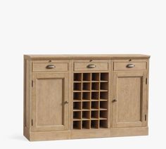 the sideboard is made from wood and has two wine racks on one end, and three