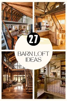 the interior of a barn loft with wooden stairs and open floor plan, surrounded by wood floors