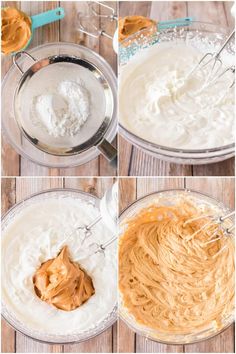 four pictures showing how to make whipped cream in a mixing bowl with whisks