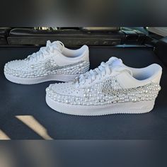 Hand Beaded And Made With Love. Custom Wedding Air Force 1's. Brand New, Never Worn. Size 11, Womens. "I Do" Decal As Pictured. Pearls Are An Off White Color. Elegant Wedding Sneakers With Rhinestones, Elegant Embellished Sneakers For Wedding, Bedazzled Air Force Ones, Quince Shoes, Air Force Women, Bike Wedding, Nike Low Tops, Bridal Sneakers, Womp Womp