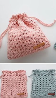 three crocheted pouches are shown in different colors and sizes, one is light blue and the other is pale pink