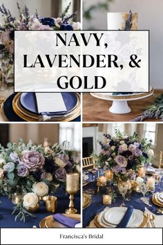 navy, lavender, and gold wedding table setting with flowers on the centerpieces