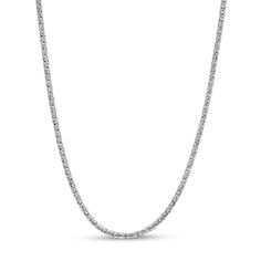 This 1.2mm diamond-cut hollow rounded box chain necklace fashioned in 14K white gold measures 18.0 inches in length and secures with a lobster claw clasp. Minimalist Silver Tennis Necklace With Diamond Cut, White Gold Diamond Cut Chain Necklace Gift, Minimalist Silver Diamond Cut Tennis Necklace, Round Tennis Necklace With Box Chain For Anniversary, White Gold Tennis Necklace With Box Chain As Gift, Box Chain Tennis Necklace For Anniversary, Silver Box Chain Tennis Necklace For Formal Events, Fine Jewelry White Gold Box Chain Necklace, White Gold Plated Necklace With Box Chain