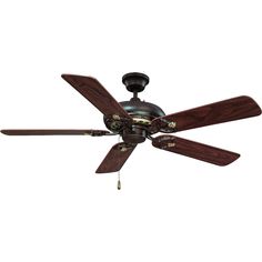 a ceiling fan with three wooden blades