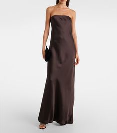 Crêpe satin gown in brown - Norma Kamali | Mytheresa Chocolate Brown Bridesmaid Dresses, Chocolate Brown Bridesmaid Dress, Brown Formal Dress, Brown Dresses Formal, Brown Silk Dress, Norma Kamali Dress, Brown Bridesmaid Dresses, Fall Bridesmaid Dresses, Maxi Dresses Fall