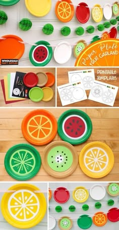 this is an image of paper plates with fruit cutouts on them and other crafts to make