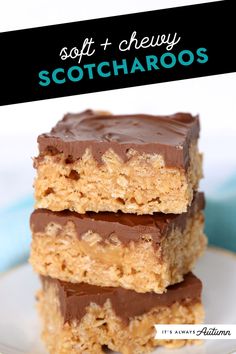 three pieces of chocolate and peanut butter squares stacked on top of each other with text overlay