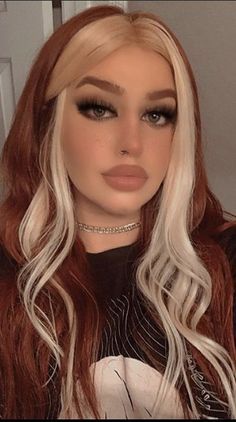 Cute Above Shoulder Length Haircuts, Patchwork Hair Color, Hair Color Ideas For Medium Hair, Red Hair Blonde Streak Bangs, Women’s Hair With Bangs, Cooper With Blonde Money Piece, Red Ans Blonde Hair Color, Cooper Hair Color With Money Piece, Ginger And Silver Hair