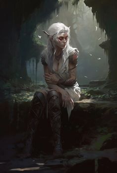 a woman with white hair and horns sitting on a rock in the middle of a forest