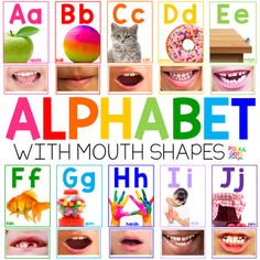 the alphabet with mouth shapes and letters is shown in this poster for children's learning