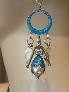 Excited to share this item from my #etsy shop: Angel Dangle earrings. Turquoise blues vintage finished brass hoops. Mother of pearl wings & Antique French Beads with crystals Silk Necklace, Brass Hoops, Earrings Turquoise, An Angel