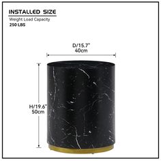 an image of a black marble vase with gold trimmings and measurements for it