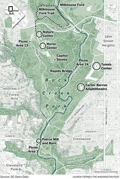 a map showing the location of rock creek park and other parks in washington, d c