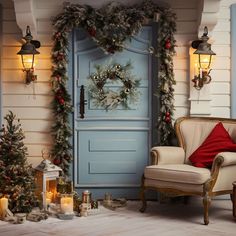 a blue front door decorated for christmas with wreaths and garland on the doors, candles and presents